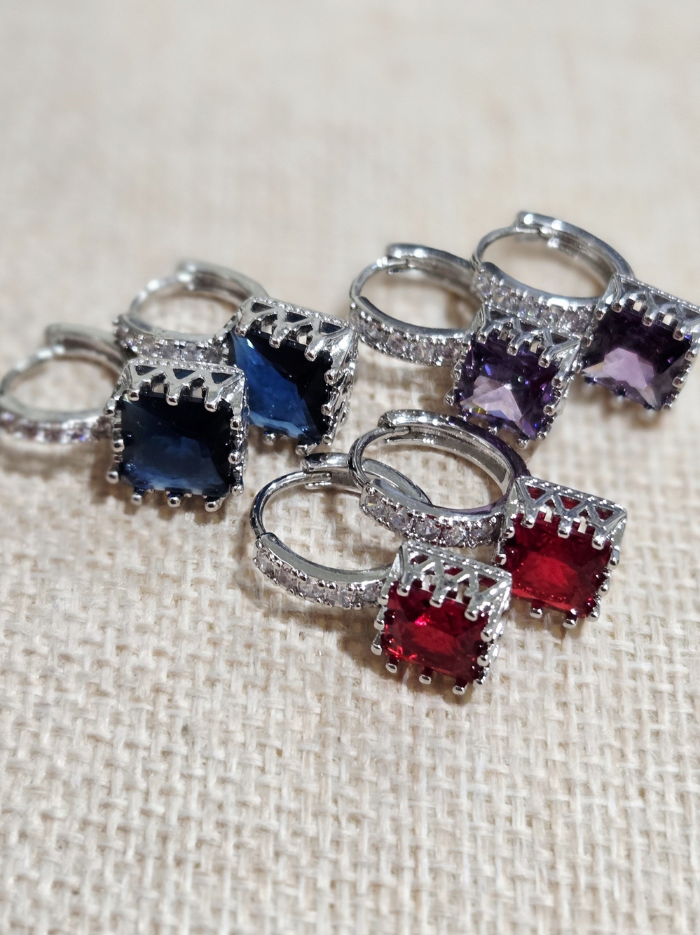 Elegant Square Gemstone Huggie Hoop Earrings - Red, Blue, Purple